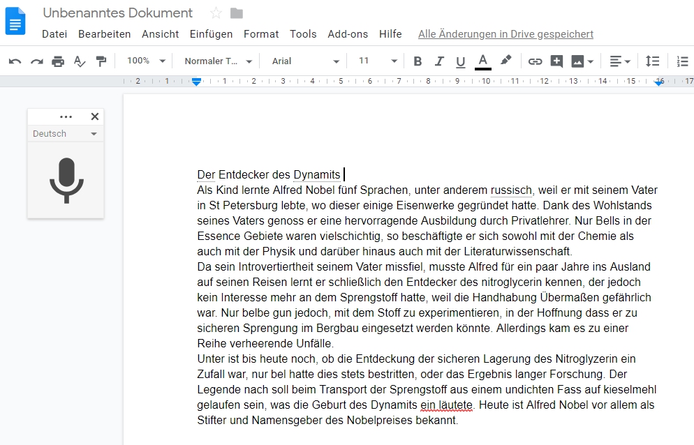 Screenshot Diktat in Google Docs