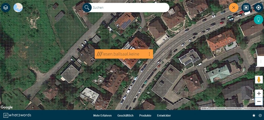 Webseite what3words mit Adresse von ///lesen.ballsaal.keine